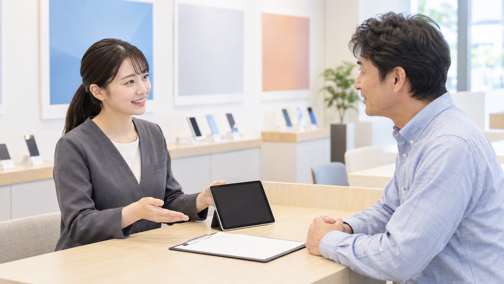 携帯ショップのカウンターで契約について相談している様子