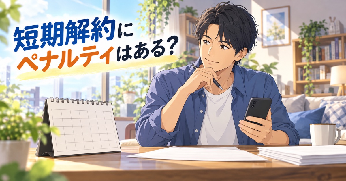 スマホの乗り換え時期をカレンダーで確認する男性のイラスト