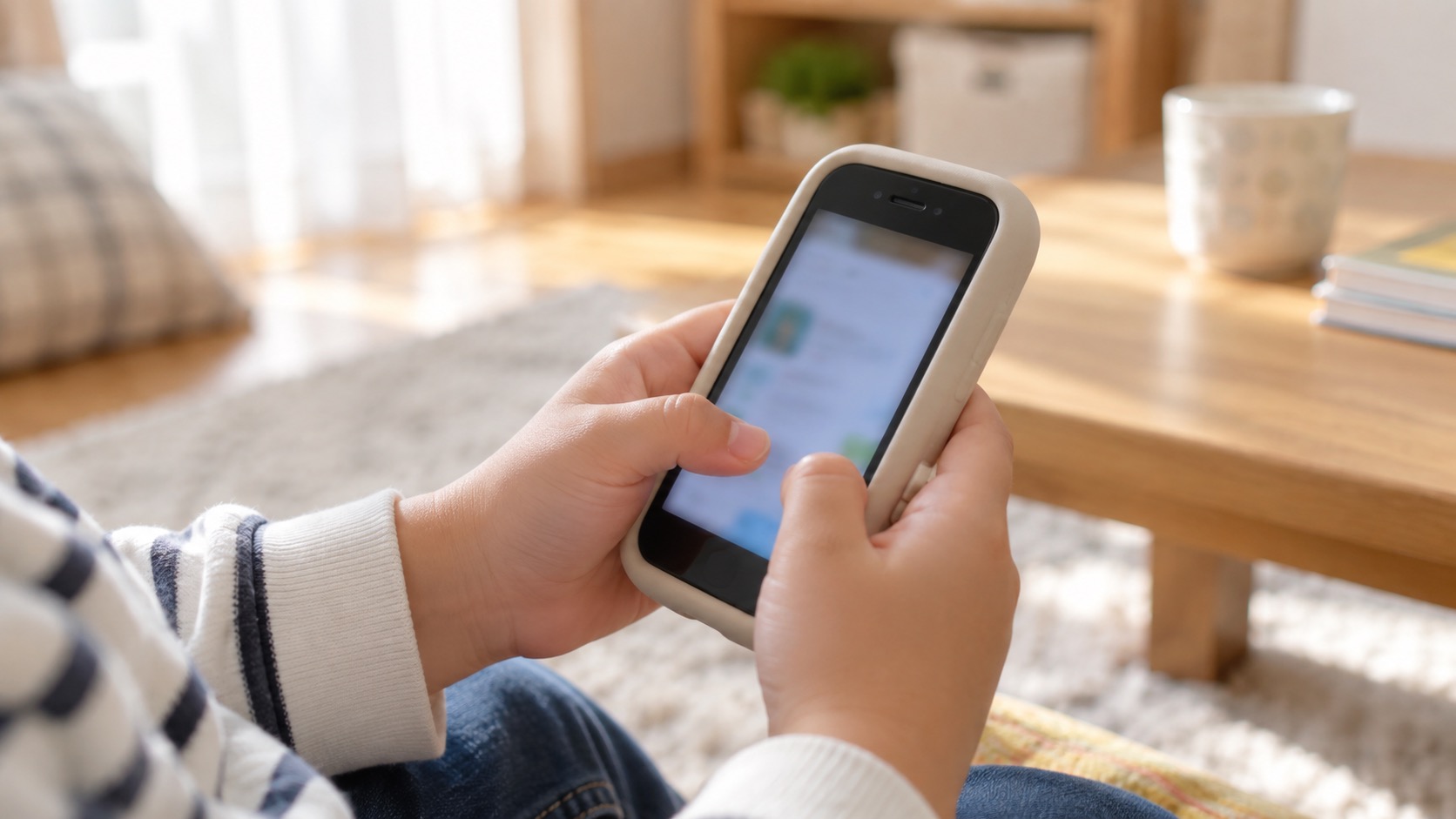 小学生が見守り用のキッズスマホを持っている手元