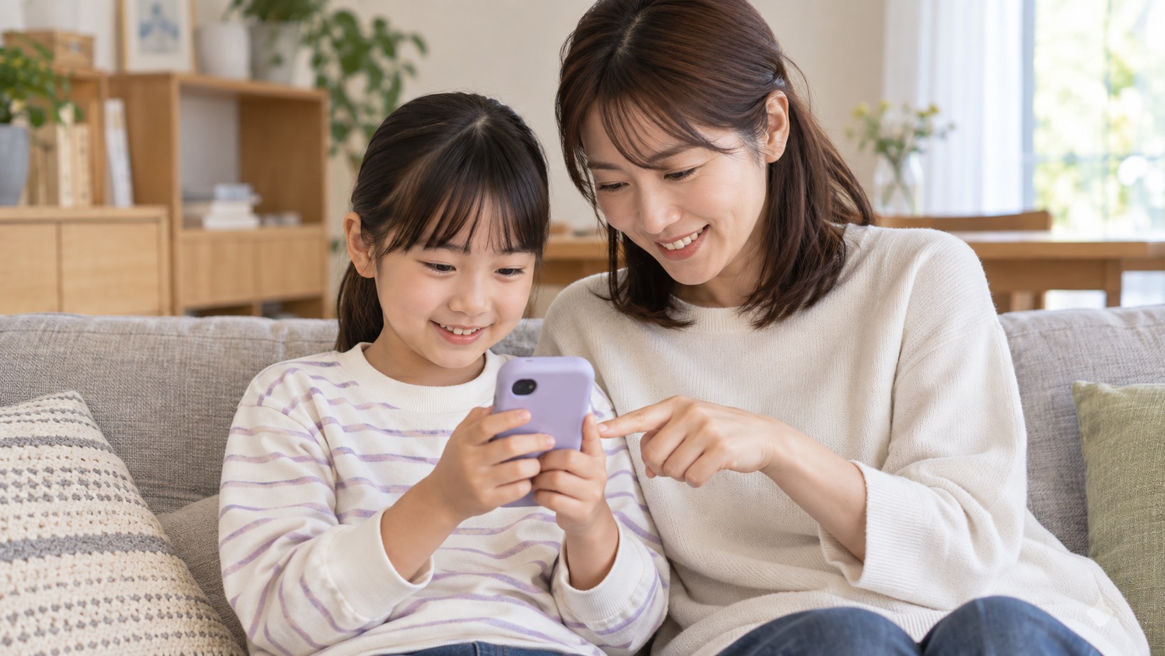 親子でキッズスマホの使い方を確認している様子