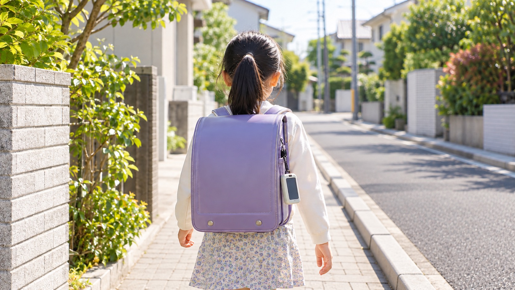 ランドセルにキッズスマホを付けて登校する小学生