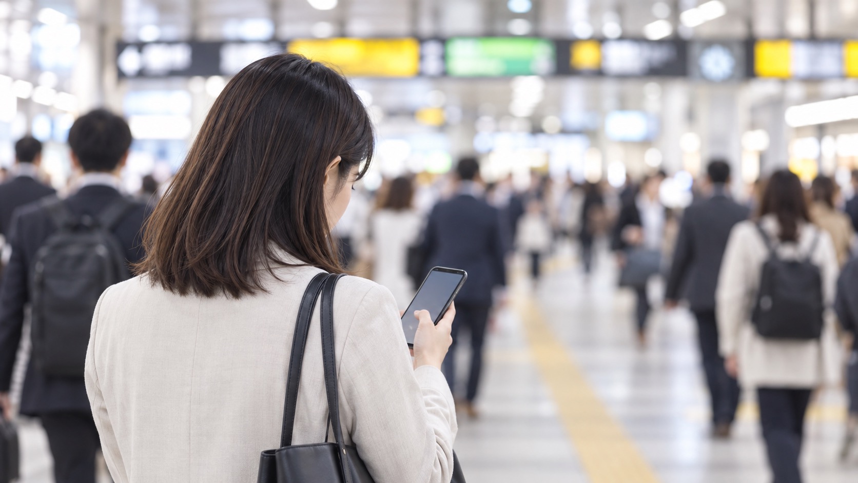 混雑した駅でスマートフォンを使う人