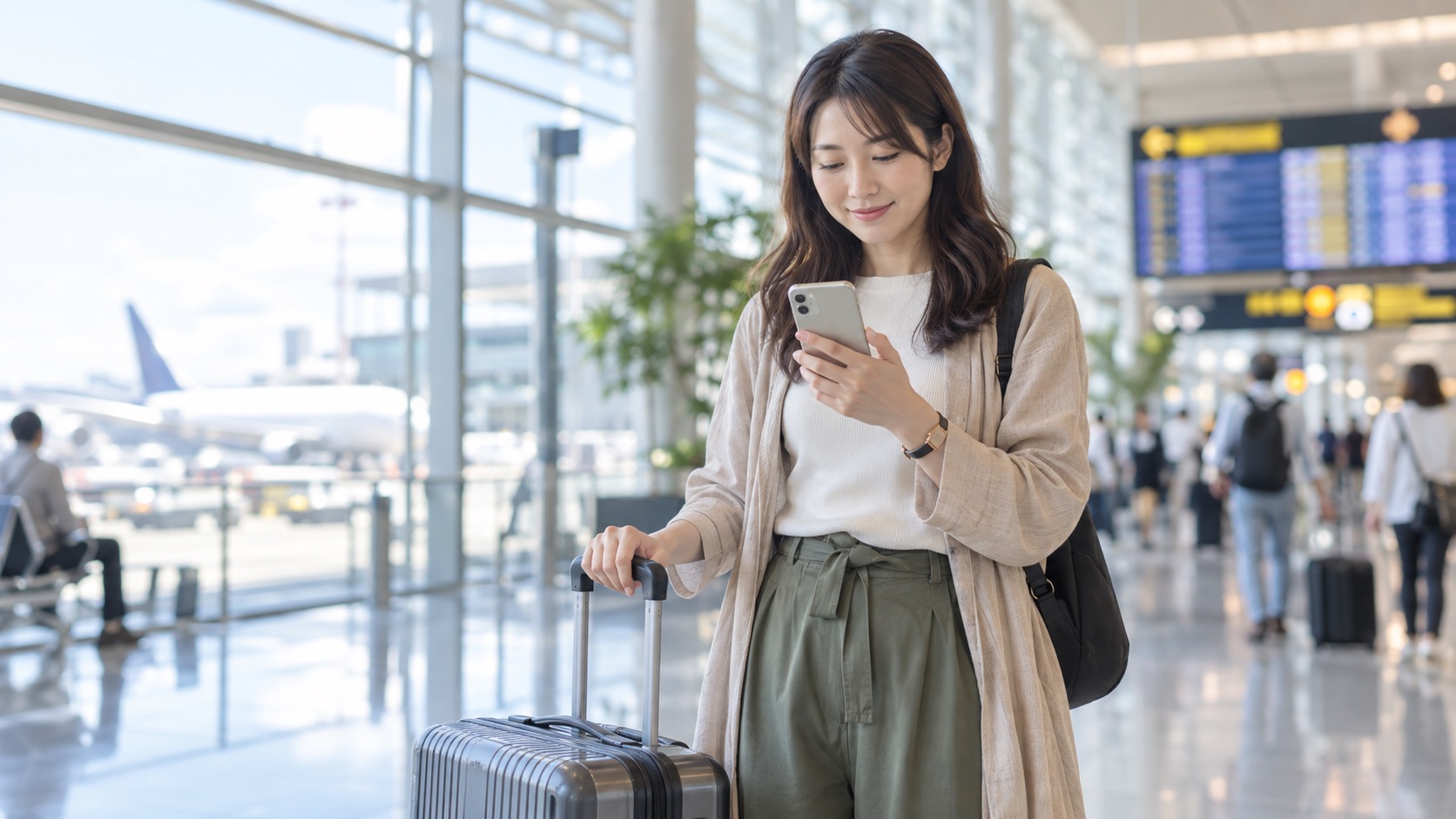 空港でスマートフォンを確認する旅行者