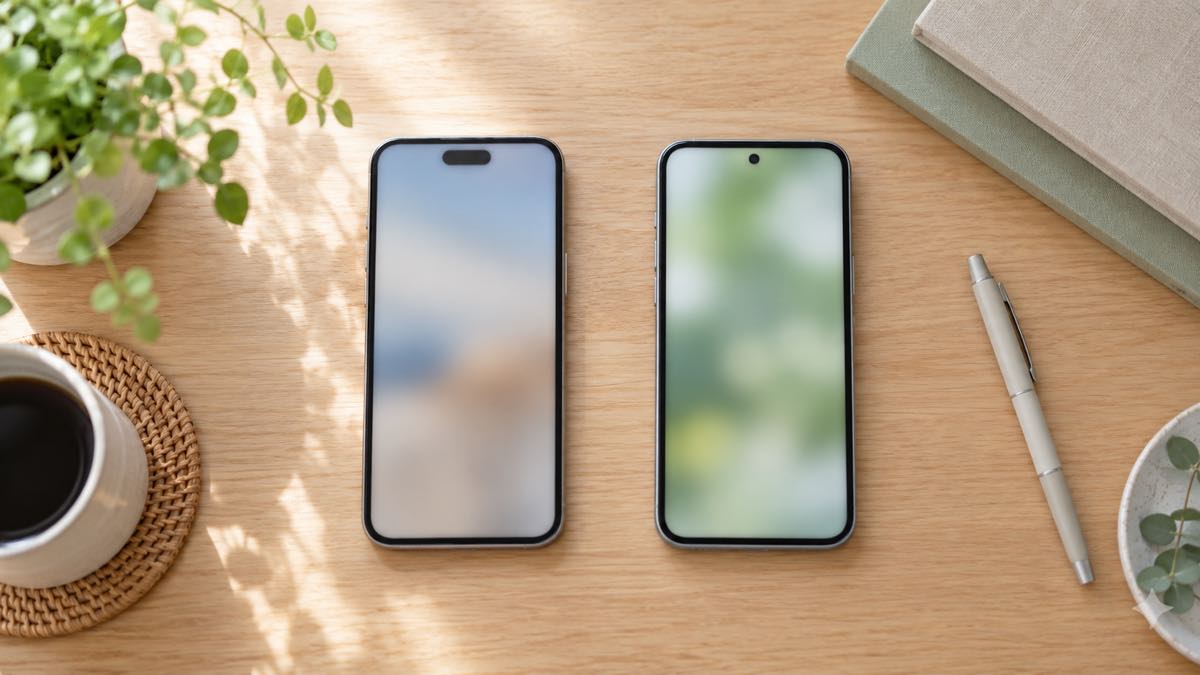 机に並べた2台のスマートフォン