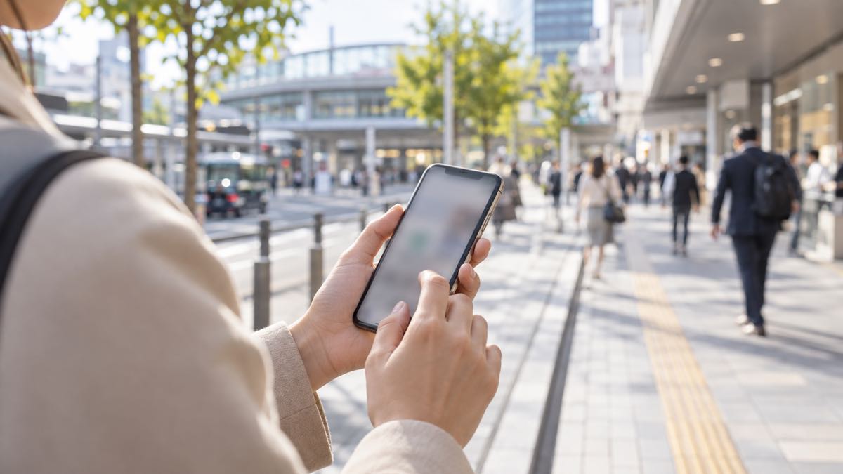 街なかでスマートフォンを使う手元