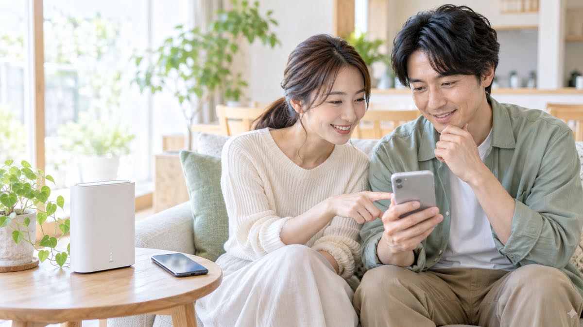 自宅のルーターの横でスマホを確認する家族