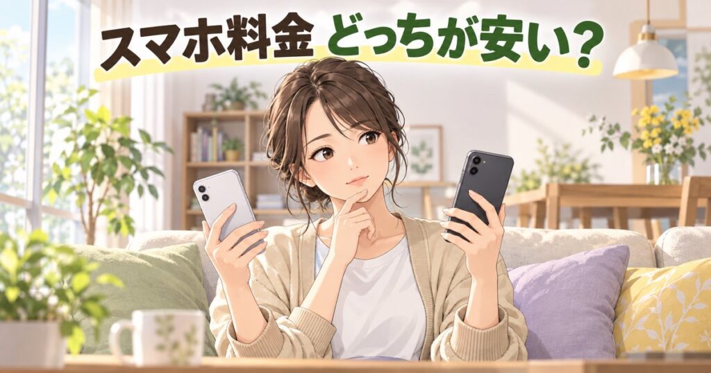 2つのスマホを見比べて選ぶ女性のイラスト