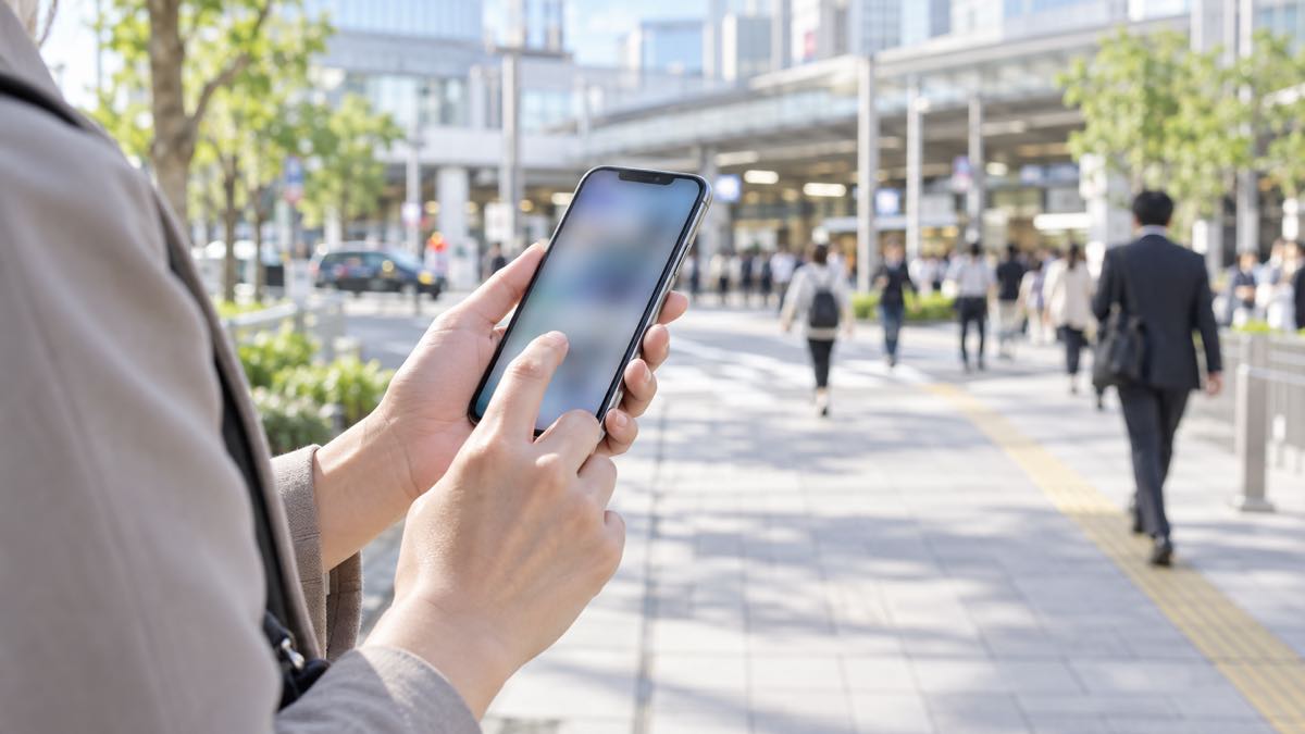街なかでスマートフォンを使う手元