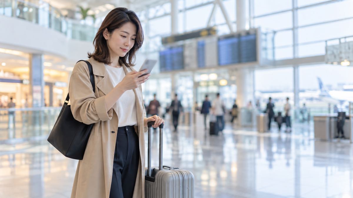 空港でスマートフォンを確認する旅行者