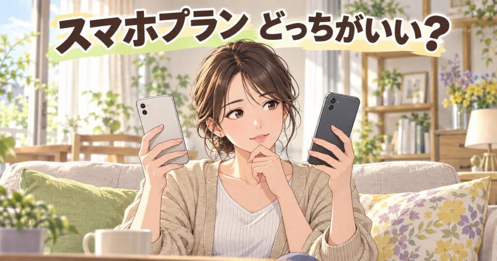 2つのスマホを見比べて選ぶ女性のイラスト