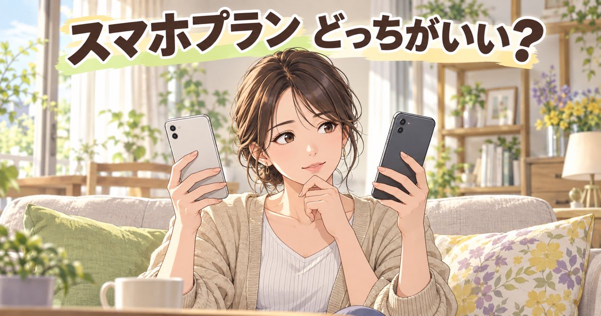 2つのスマホを見比べて選ぶ女性のイラスト