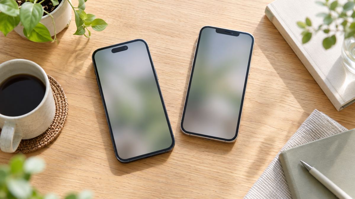 机に並べた2台のスマートフォン