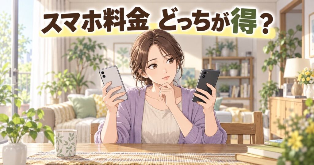 2つのスマホを見比べて選ぶ女性のイラスト