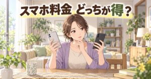 2つのスマホを見比べて選ぶ女性のイラスト