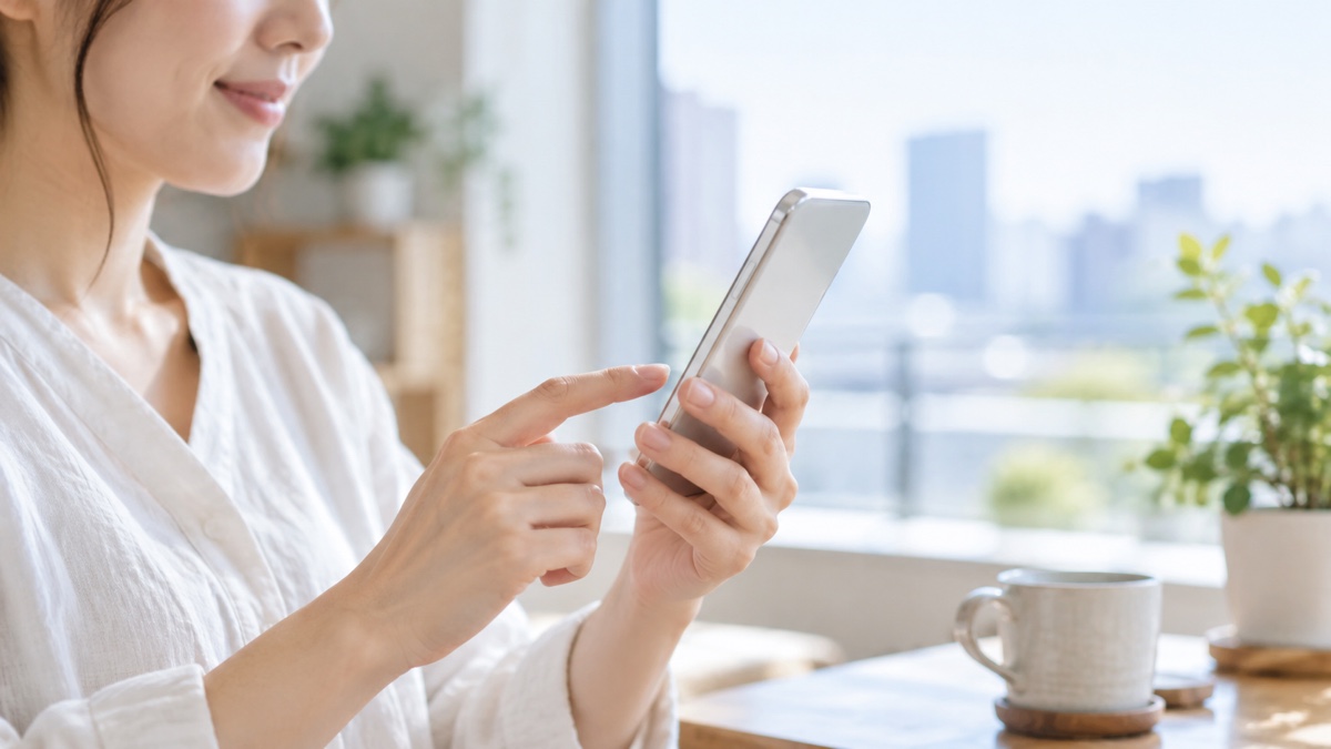 窓際でスマートフォンの電波を確認する人の手元