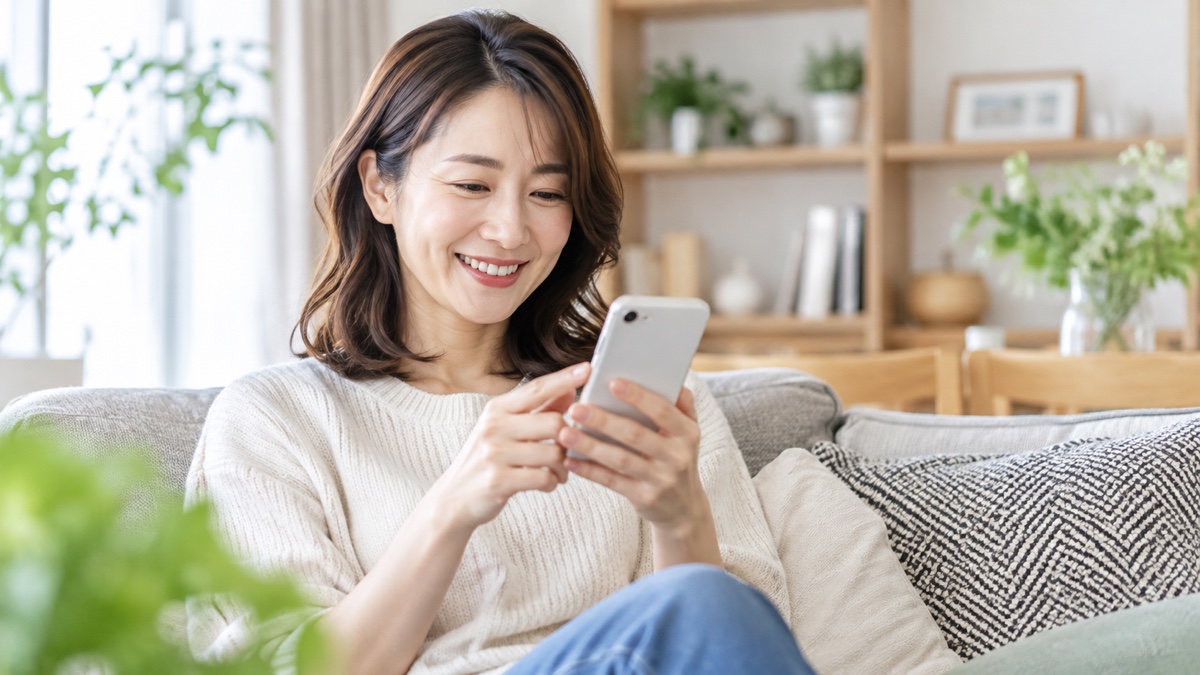 スマホで特典を確認してうれしそうな女性