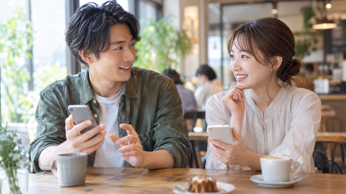 カフェでスマホを使いながら話す2人