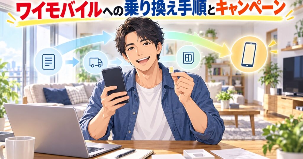 スマホとSIMカードを手に乗り換え手続きをする男性のイラスト