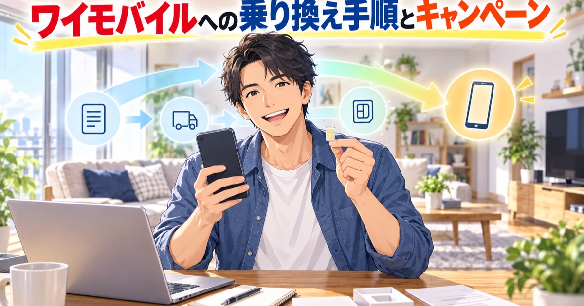 スマホとSIMカードを手に乗り換え手続きをする男性のイラスト
