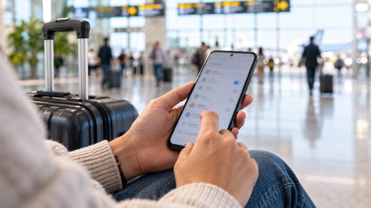 空港の到着ロビーでスマホを設定する手元