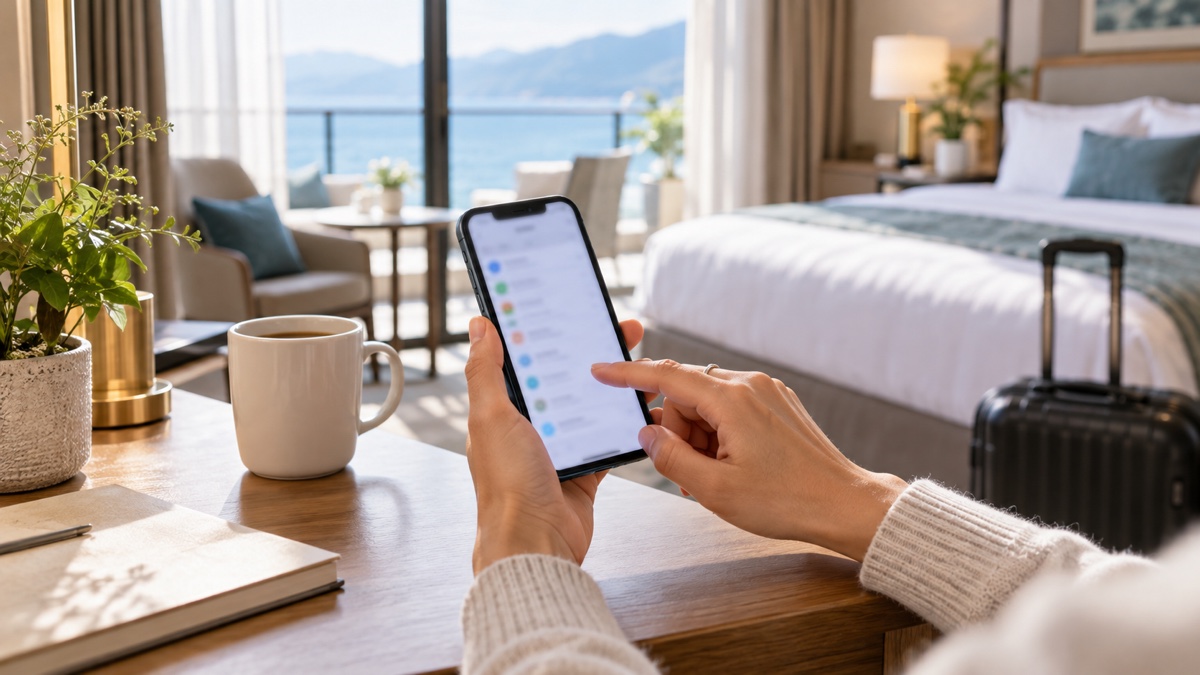 ホテルの部屋でスマホの設定を確認する手元