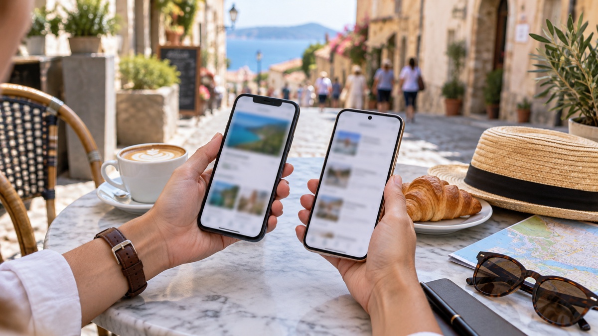 海外のカフェでスマホを見比べる旅行者の手元