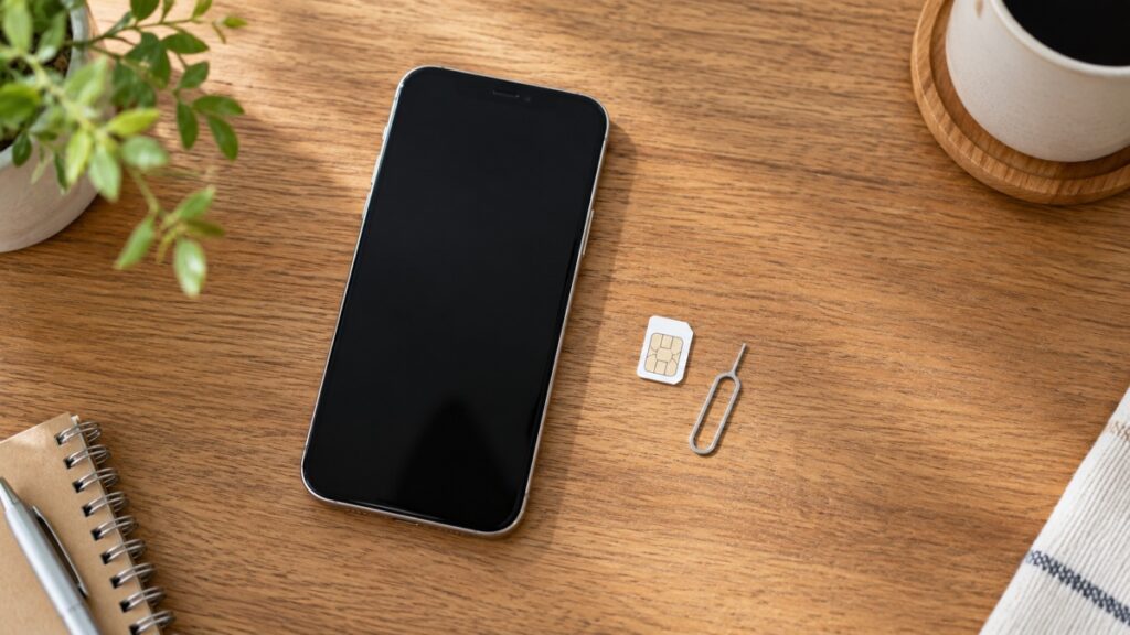 机に置いたスマートフォンとSIMカード