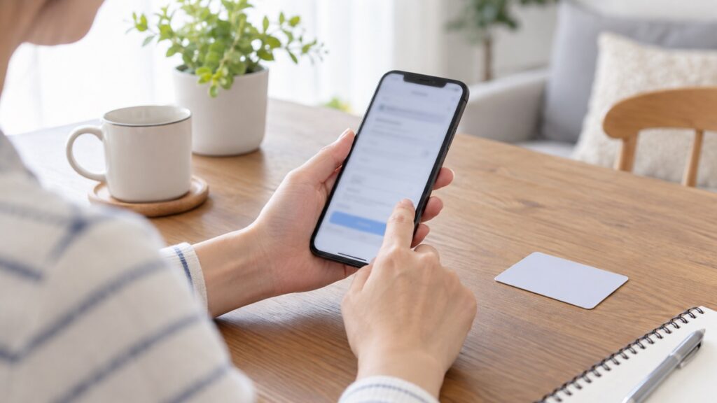 自宅でスマホから乗り換えの手続きをする手元