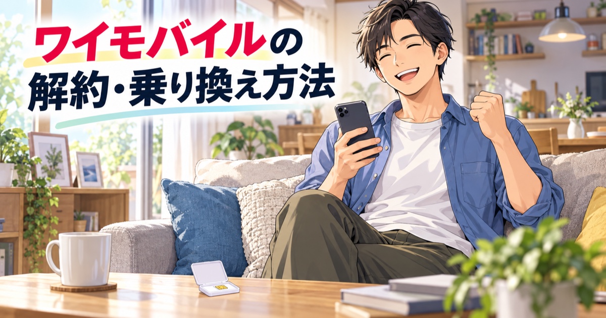 スマホの乗り換え手続きを終えてほっとする男性のイラスト