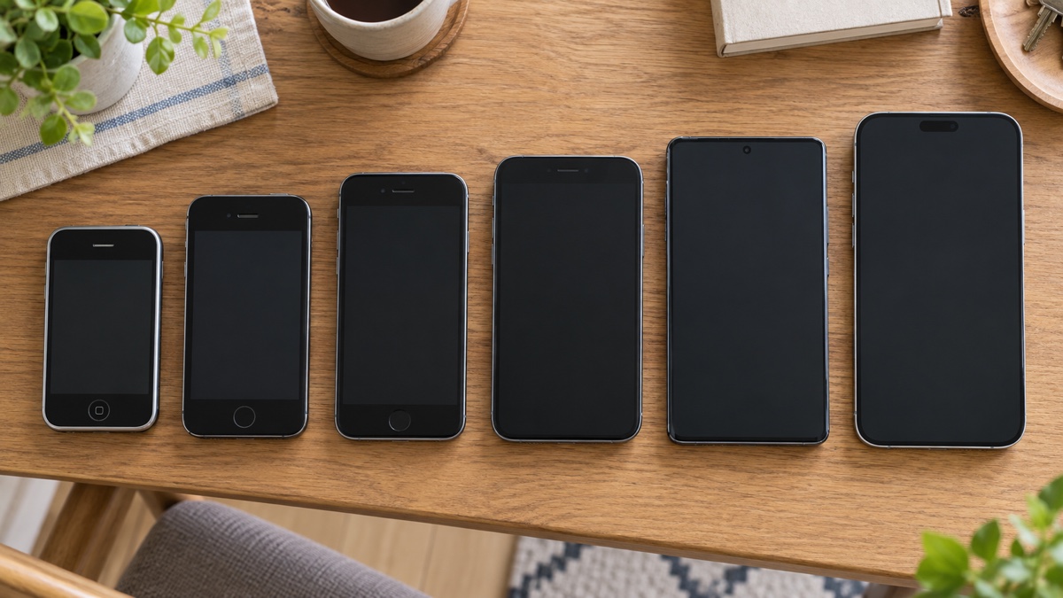 世代の違うスマートフォンを古い順に並べた様子