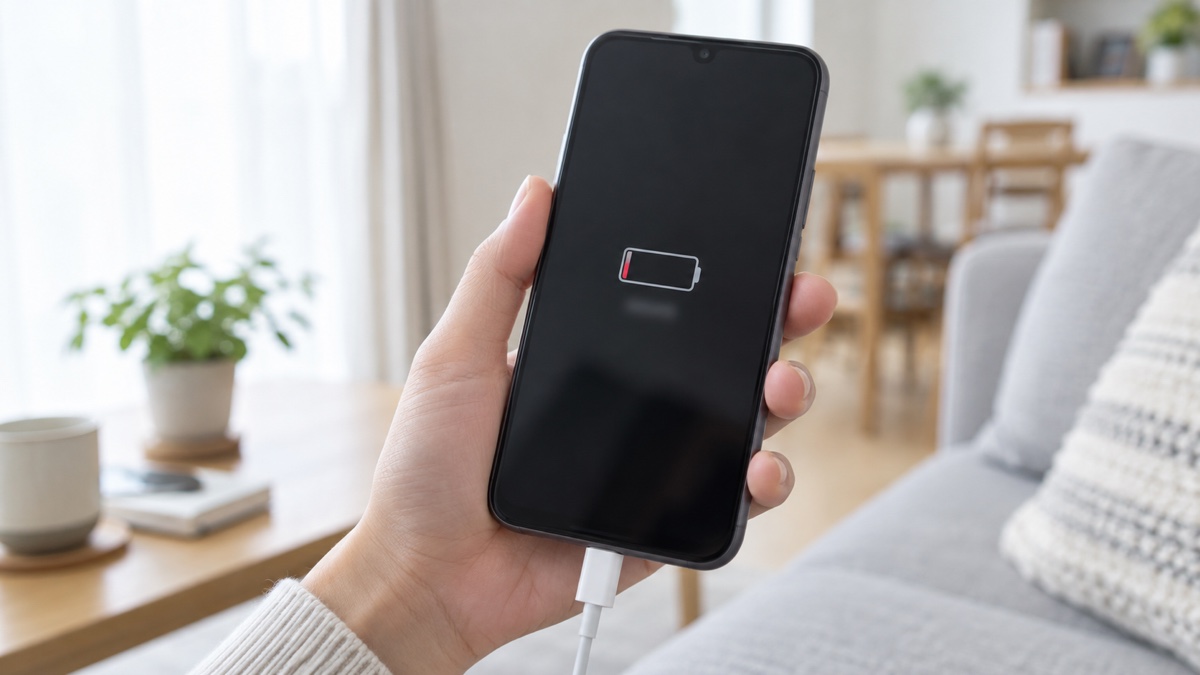 充電中のスマートフォンでバッテリーの状態を確認する様子