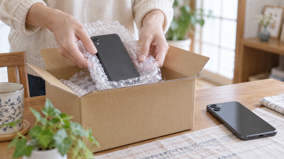 古いスマホを箱に梱包して買い替えの準備をする手元