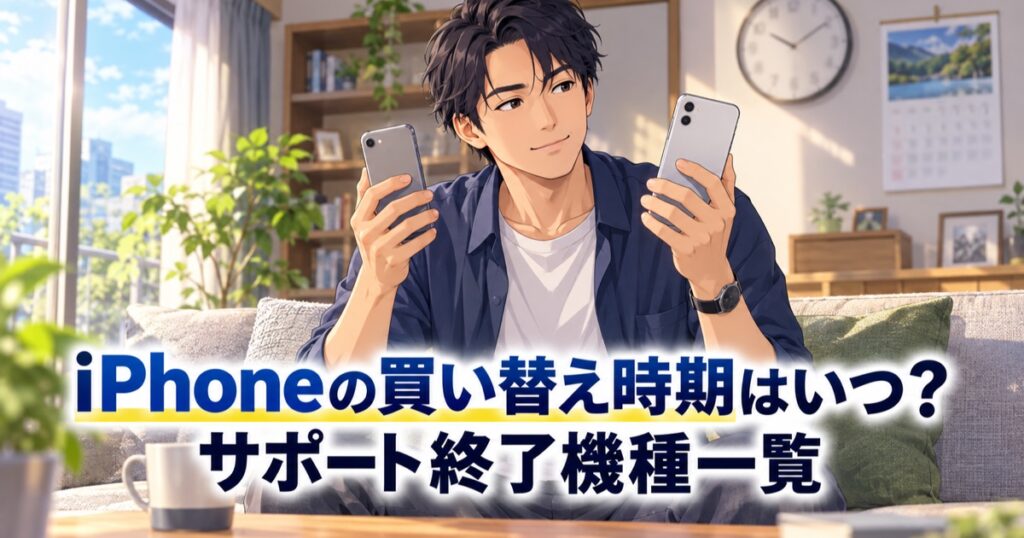 古いスマホと新しいスマホを見比べる男性のイラスト