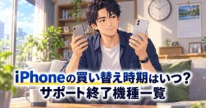 古いスマホと新しいスマホを見比べる男性のイラスト