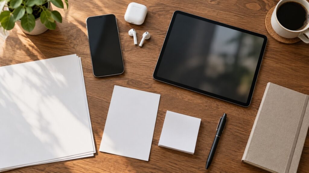 机に並べたスマートフォンとタブレットとイヤホン