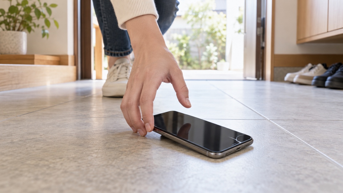 床に落としたスマートフォンを拾う手