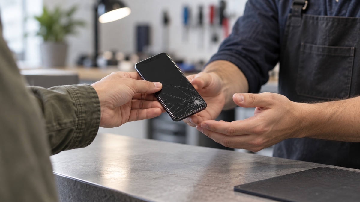 修理店でスマートフォンを預ける場面