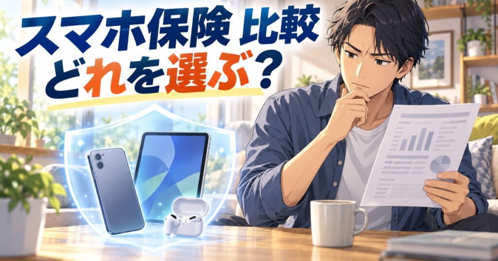 スマホ保険を比べて選ぶ男性のイラスト