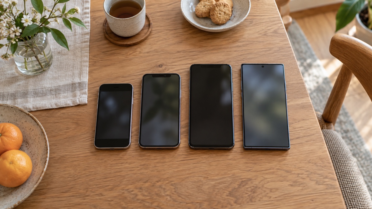 テーブルに並べた家族4人分のスマートフォン