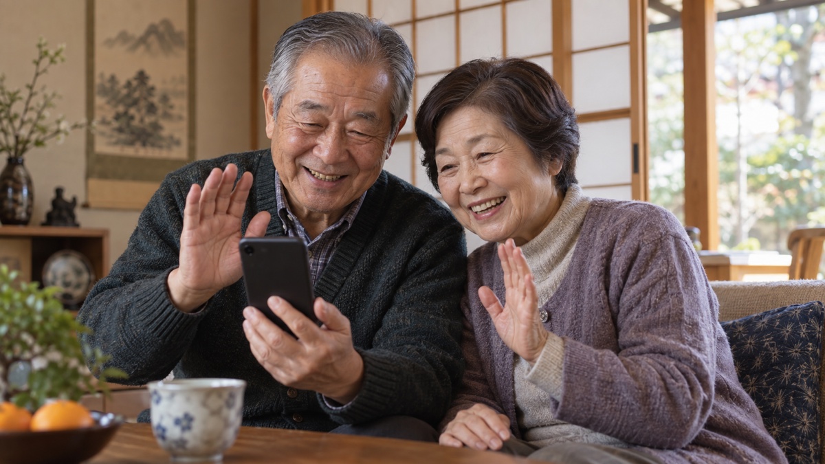 離れて暮らす家族とスマホで話す年配の夫婦