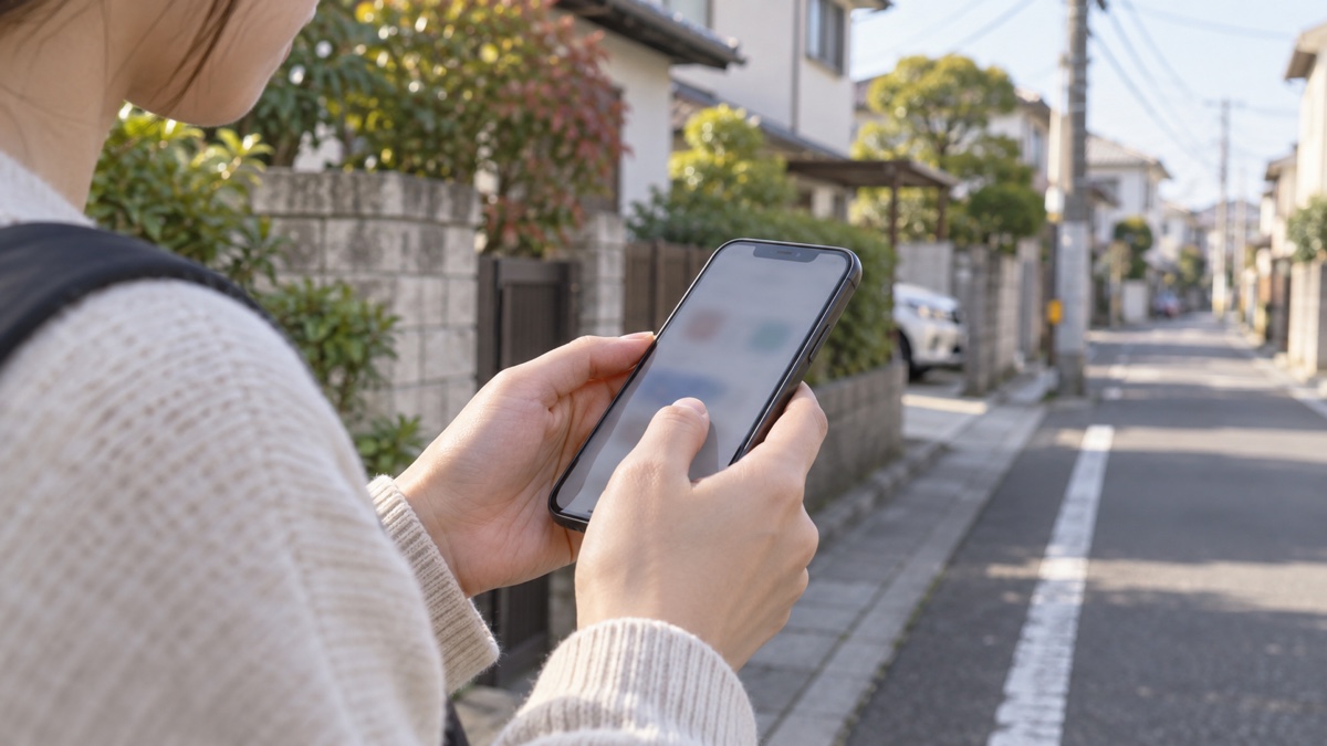 住宅街でスマートフォンを使う手元
