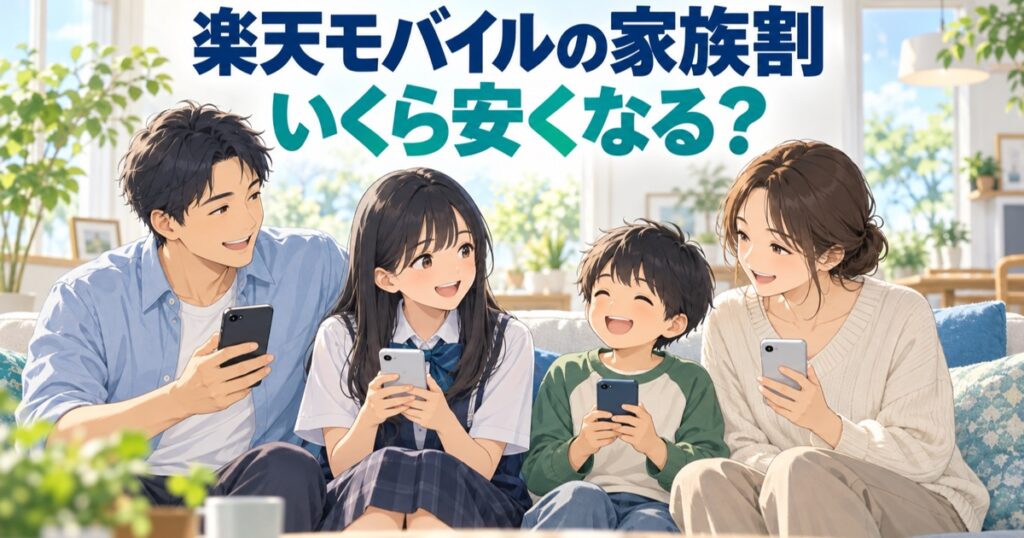スマホを見せ合う4人家族のイラスト