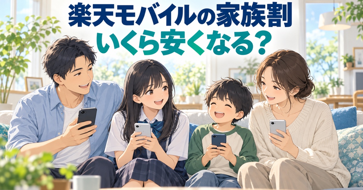 スマホを見せ合う4人家族のイラスト