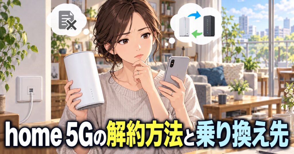 ホームルーターの解約と乗り換えを考える女性のイラスト