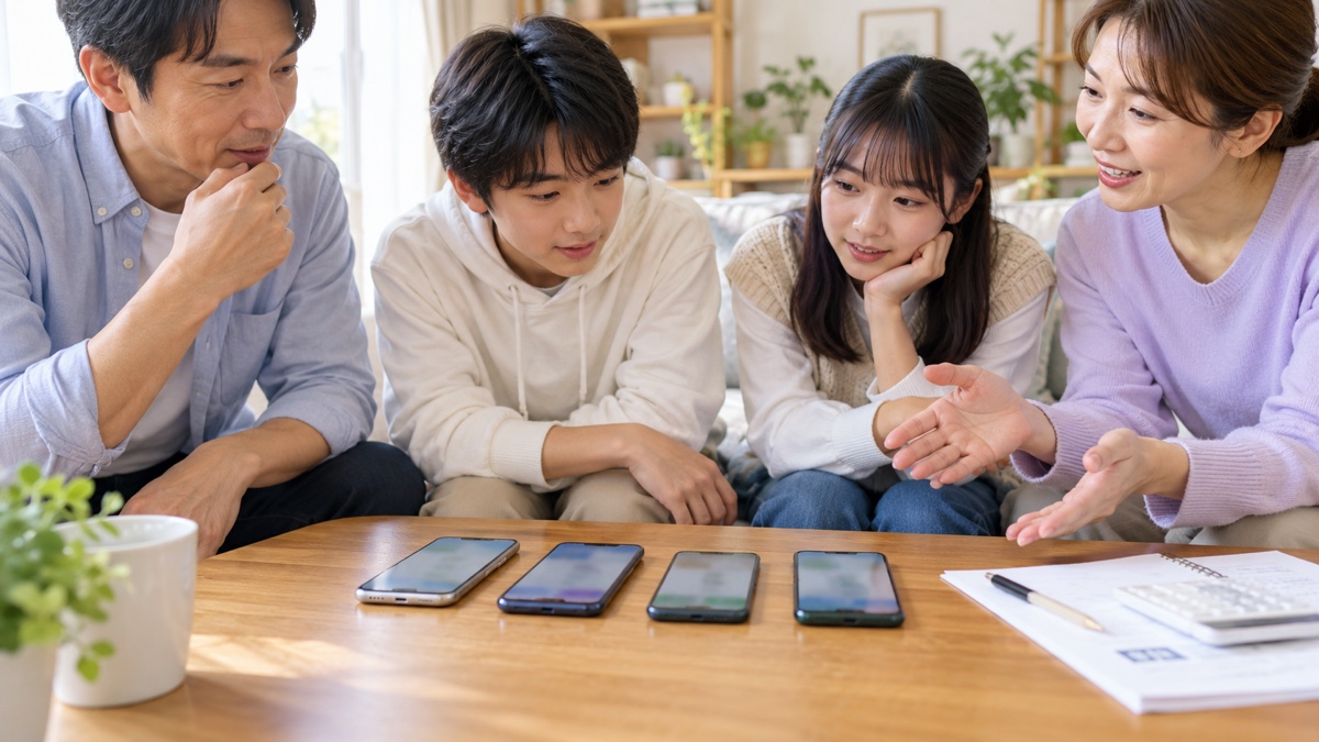 家族のスマホを並べて通信費を相談する様子