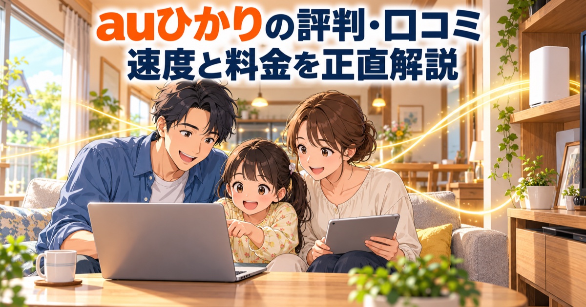 自宅の光回線でネットを楽しむ家族のイラスト