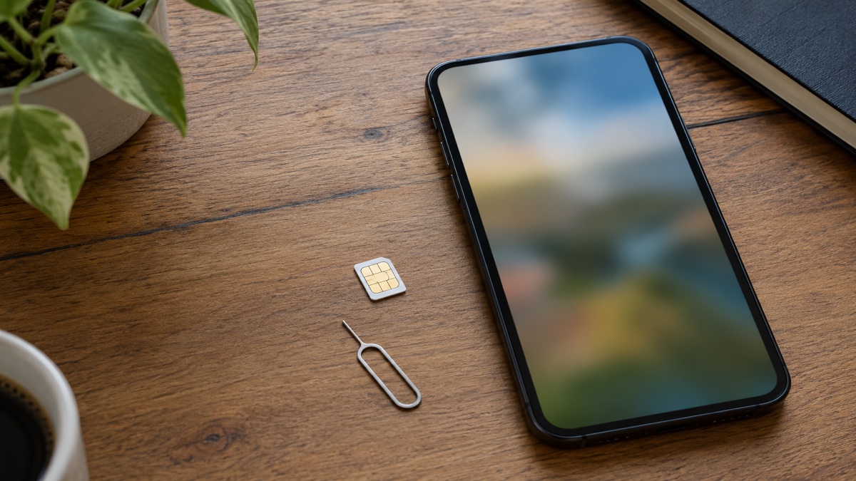 机に置いたSIMカードとスマートフォン