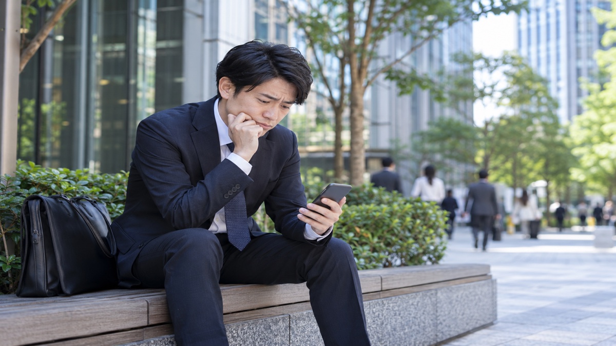 お昼休みにスマホの読み込みを待つ会社員