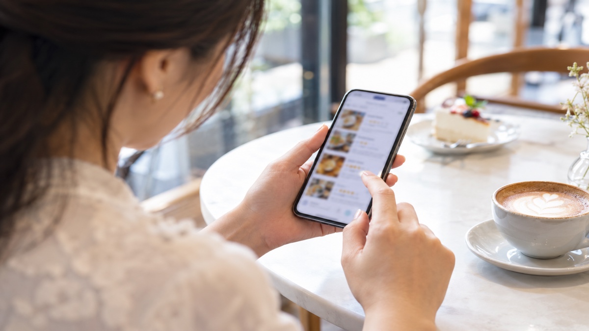スマホで口コミを読む女性の手元