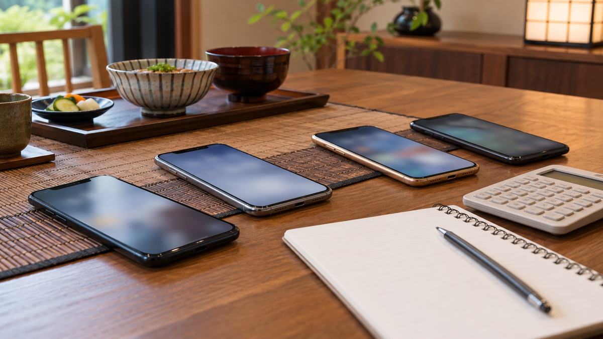 テーブルに並べた4台のスマートフォンと電卓